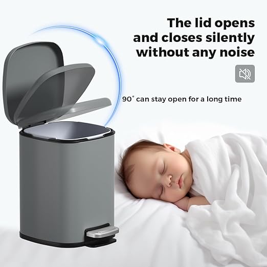 2.6gal Step-Open Trash Can，Small Bathroom Garbage Can with Soft-Close Lid,Fingerprint Resistant Trash Bin for Bathroom,Bedroom,Living Room,Office,Hotel (2.6gal-Gery)