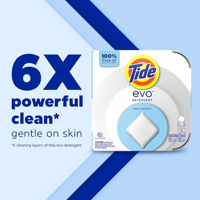 Tide Evo Free & Gentle Laundry Detergent Tiles, Fragrance-Free, 40 Medium Sized Loads, 40 ct, Easy to Use, Safe for All Machines and Water Conditions