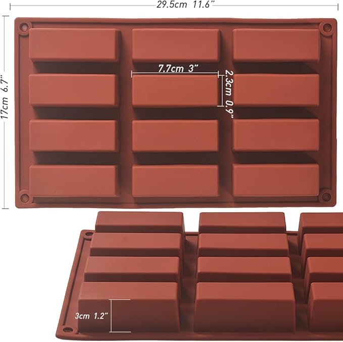 12 Cavity Rectangle Granola Bar Silicone Mold, Butter Stick Mold, Pack of 3
