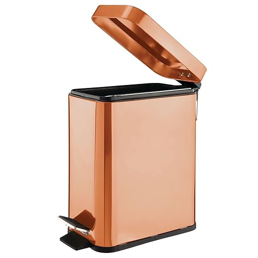 mDesign Small Modern 1.3 Gallon Rectangle Metal Lidded Step Trash Can, Compact Garbage Bin with Removable Liner Bucket and Handle for Bathroom, Kitchen, Craft Room, Office, Garage - Copper