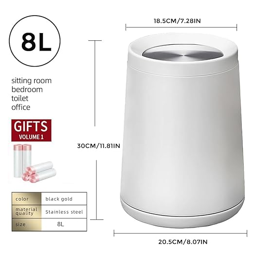 8L/2.1GALbrass Garbage can with Swing lid，Brushed Nickel Gold Trash can,Matte Gold Trash can for Bathroom,Powder Room,Bedroom,Laundry Room (white-32-8l)