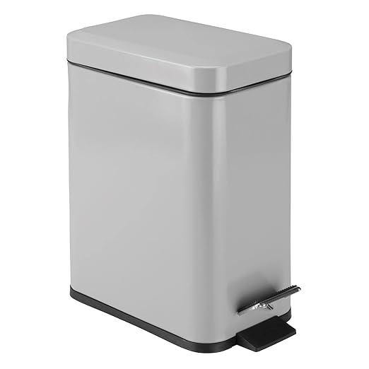 mDesign Small Modern 1.3 Gallon Rectangle Metal Lidded Step Trash Can, Compact Garbage Bin with Removable Liner Bucket and Handle for Bathroom, Kitchen, Craft Room, Office, Garage - Gray