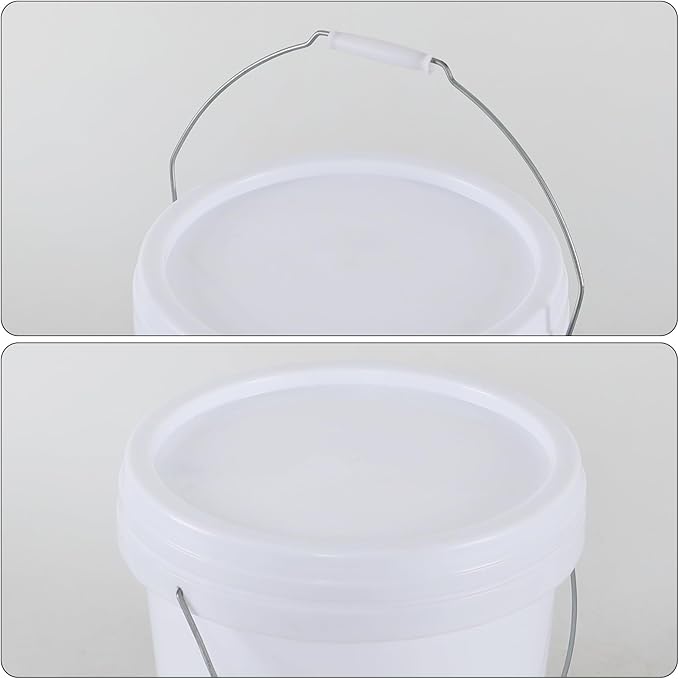 4 Gallon Plastic Food Storage Bucket with Metal Handle, Food Grade Round Pail with Lid, White, 4 Packs