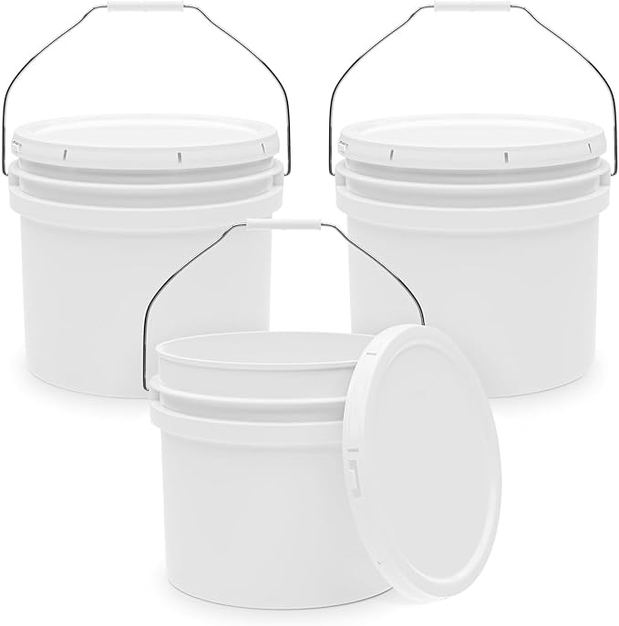 3.5-Gallon White Bucket Pail Container with Lid | Food Grade | Heavy-Duty Extra Durable | Metal Handles with Plastic Grip for Easy Carrying | Multi-Use | Easy Stack and Store | BPA Free - 3 Pack