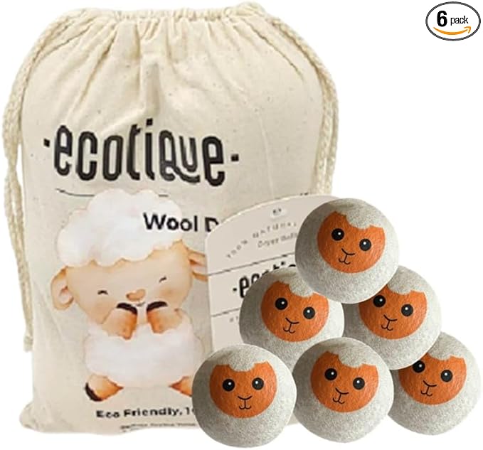 Wool Dryer Balls 6-Pack XL 100% New Zealand Wool Reusable for 1000+ Loads Baby-Safe Chemical-Free Natural Fabric Softener Reduces Drying Time Wrinkles Static Dryer Sheet Alternative