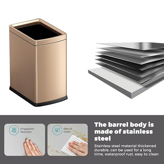 18 Liter / 4.7 Gallon Gold Dual Trash Can, Slim Open Top Office Trash Can, Commercial Grade Heavy Gauge Small Trash Can, Brushed Stainless Steel(18L Champagne Gold)