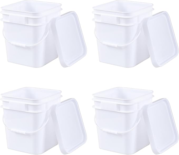 Zopnny 3 Gallon Square Food Grade Bucket Pail with Lid, Multifunctional Industrial Bucket Container for Storing Dry Food Charcoal Camping Fishing (Pack of 4)