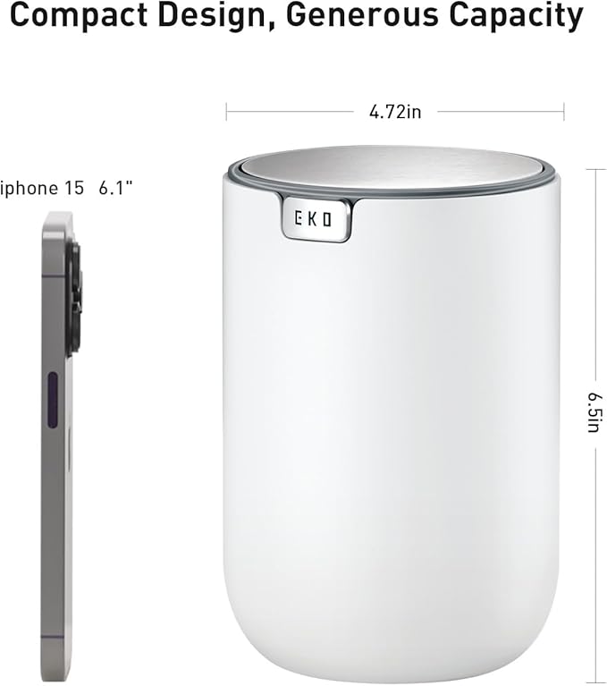 EKO Mini Desk Trash Can with Swing-Top Lid 0.4 Gallon Small Table Round Wastebasket for Office, Home, Car (White)