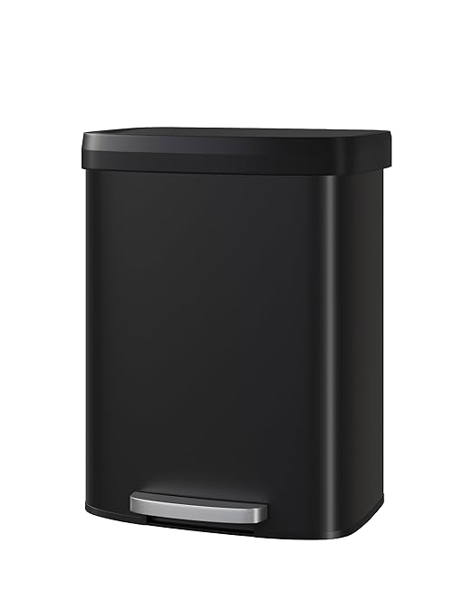 Garvee 16 Gallon / 60 Liter Metal Trash Can with Lid, Large Garbage Can for Kitchen, Rustproof Step-on Kitchen Metal Trash Bin with Liner Rim, Rear Handle, Soft Close Plastic Lid, Black