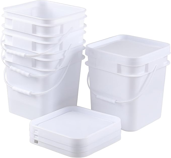 3 Gallon Plastic Bucket with Sealed Lid, 4 Pack Small White Square Bucket Pail Food Grade