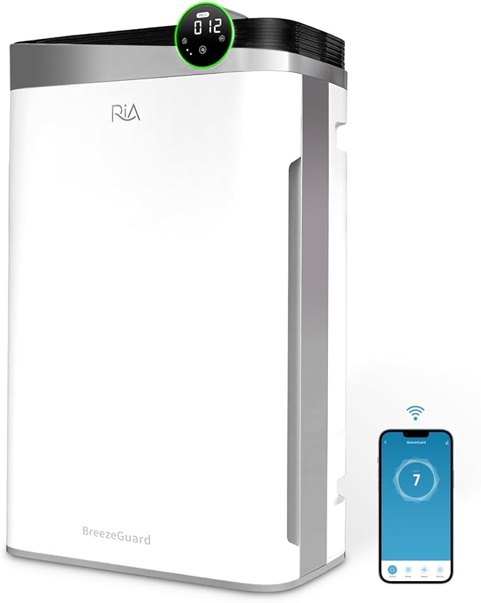 RIA BreezeGuard Smart Air Purifier and Humidifier Combo for Large Rooms & Home up to 2500 SqFt - 2 in 1 HEPA Air Cleaner and Humidifier w/App Control, PM2.5 Sensor, for Pets, Allergies, Smoke, Dust