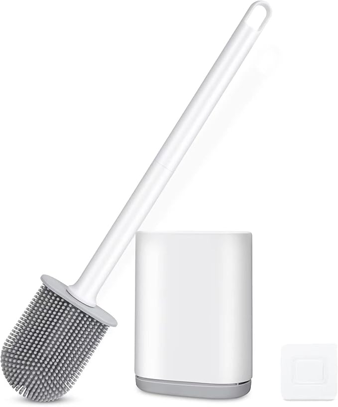 Silicone Toilet Brush and Holder Bendable Efficient Cleaning Wall Mounted Toilet Bowl Brush with Long Handle Brush Head and Silicone Bristles No Rusty Handles Problem (White)