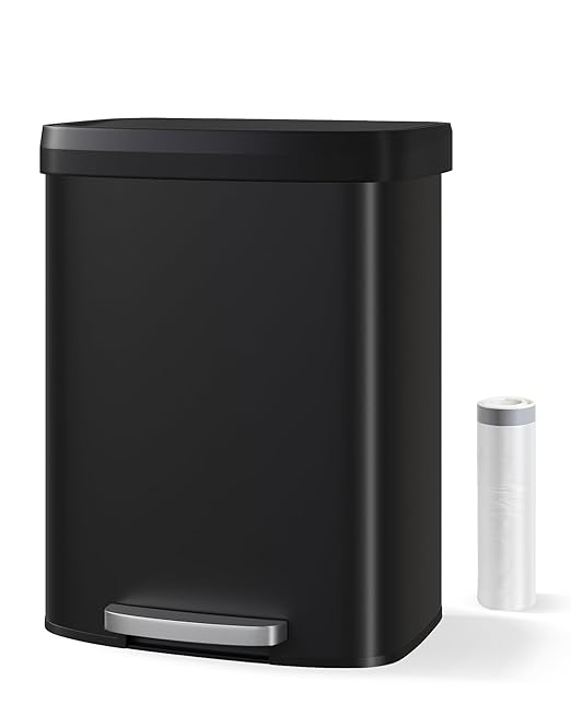 Garvee 16 Gallon / 60 Liter Metal Trash Can with Lid, Large Garbage Can for Kitchen, Rustproof Step-on Kitchen Metal Trash Bin with Liner Rim, Rear Handle, Soft Close Plastic Lid, Black