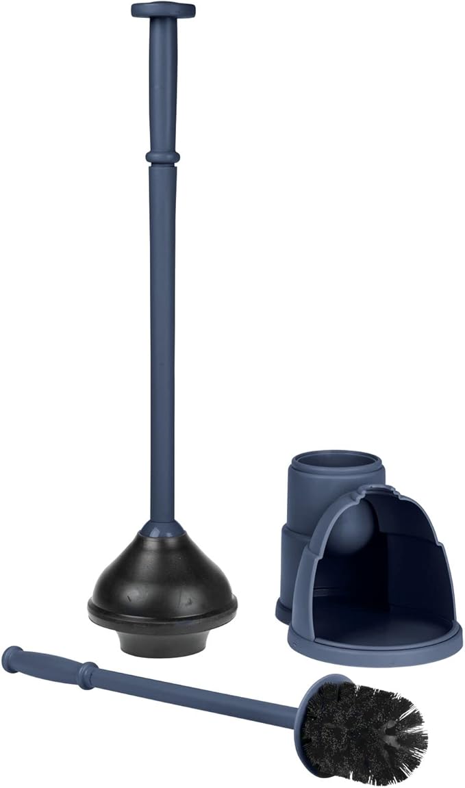 mDesign Plunger and Brush Set for Toilet Bowl - Hidden, Modern Toilet Brush and Plunger Set with Caddy - Brush Cleaner and Plunger Combo with Holder for Bathroom - Hyde Collection - Navy Blue