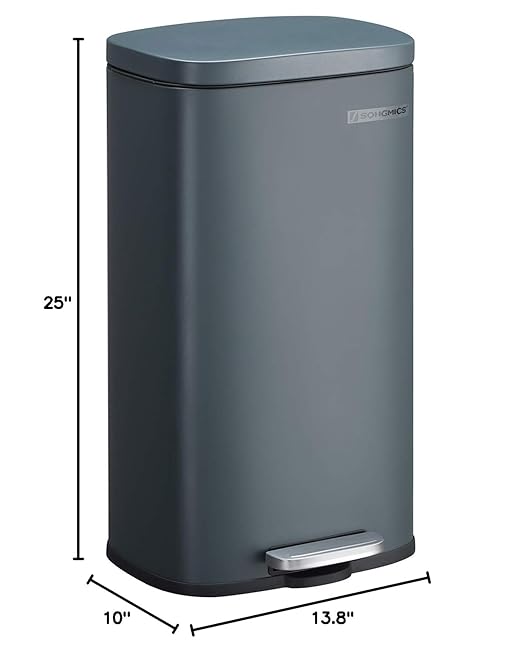 SONGMICS Trash Can with Lid, 8 Gallon Garbage Can, Stainless Steel Small Waste Bin with Step Pedal and Inner Bucket, Soft Close, Kitchen, Greenish Gray ULTB102G01