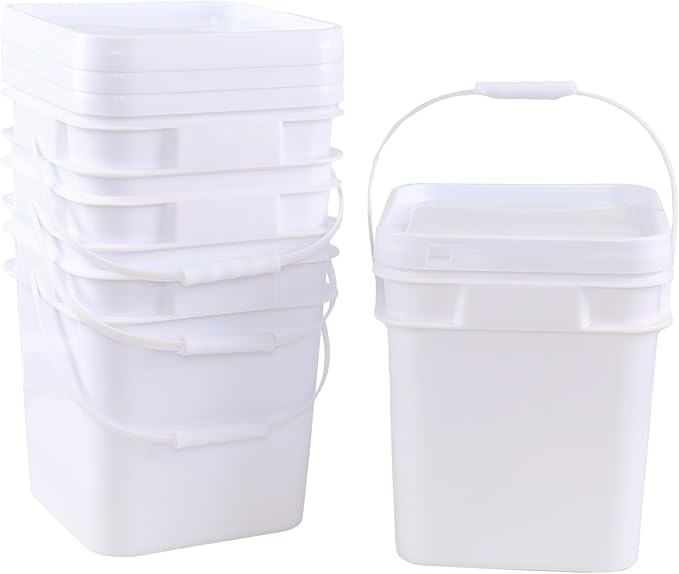 4 Pcs 3 Gallon Plastic Square Bucket Pail Container with Lid, White Bucket Food Grade Square Bucket with Plastic Handle