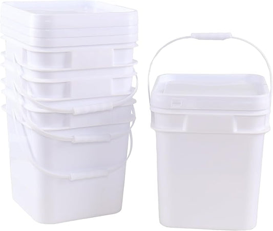 4 Pcs 3 Gallon Plastic Square Bucket Pail Container with Lid, White Bucket Food Grade Square Bucket with Plastic Handle
