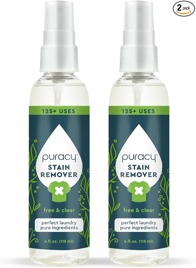 Puracy Stain Remover Spray, Natural Travel and Laundry Stain Cleaner for Clothes, Baby & Kids Stains, Oil & Fabric Spot Cleaner (Unscented, 4 oz, 2 Pack)