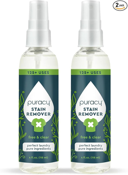 Puracy Stain Remover Spray, Natural Travel and Laundry Stain Cleaner for Clothes, Baby & Kids Stains, Oil & Fabric Spot Cleaner (Unscented, 4 oz, 2 Pack)