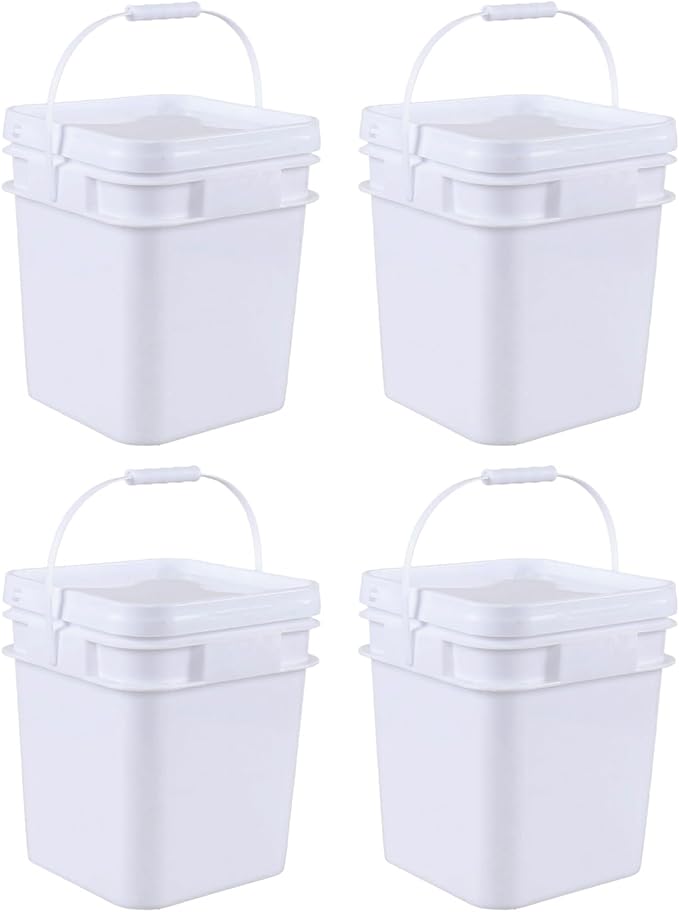 Versatile Square White Pails and Lids, Food Grade Storage Bucket, Plastic All Purpose Bucket Pail with Handle (3 Gallon, 4 Pack)