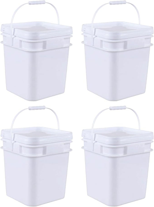Versatile Square White Pails and Lids, Food Grade Storage Bucket, Plastic All Purpose Bucket Pail with Handle (3 Gallon, 4 Pack)