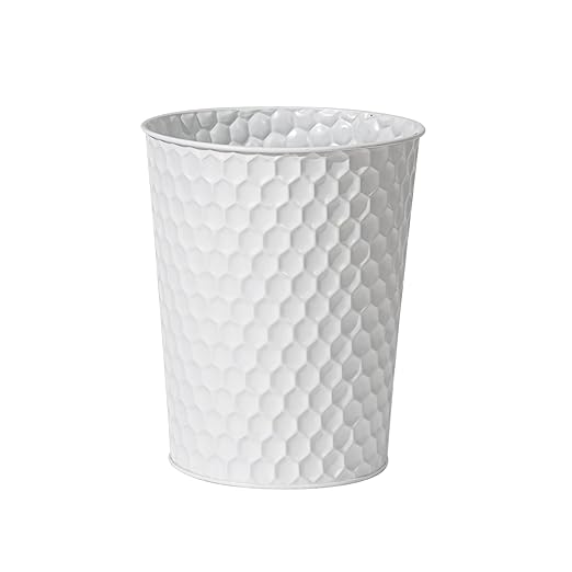 Small Metal Trash Can Wastebasket, Decorative Honeycomb Garbage Can Waste Basket, Modern Farmhouse Round Trash Bin for Bathroom, Bedroom, Kitchen and Office (White)