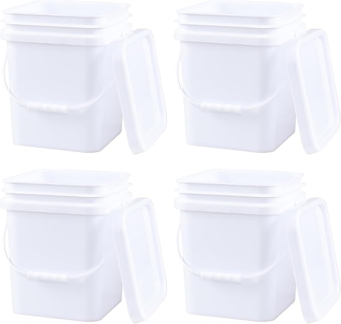 Zopnny 4 Pcs 5 Gallon Square Bucket, White Plastic Buckets with Handles, Snap Food Container Pail with Airtight Lid
