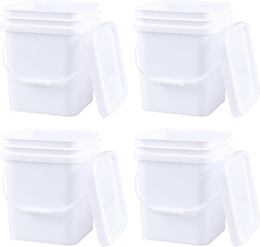 Zopnny 4 Pcs 5 Gallon Square Bucket, White Plastic Buckets with Handles, Snap Food Container Pail with Airtight Lid