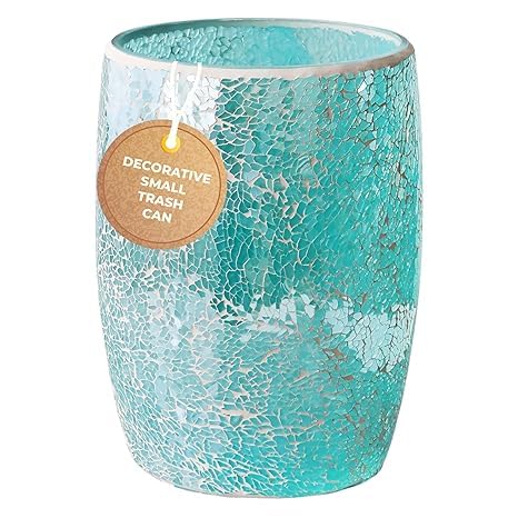 Escenzy Modern Bathroom Trash Can Mosaic Glass 5L | 7" x 10" | Decorative Small Garbage Can | Luxury Waste Basket for Restroom, Office, Bedroom & Kitchen | Shiny Turquoise Green Bathroom Accessories