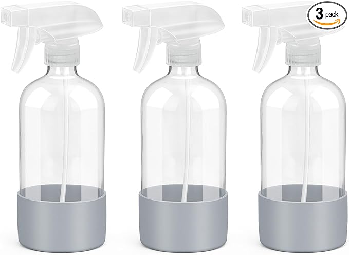 Glass Spray Bottles with Silicone Sleeve Protection, Empty 16 oz Refillable Containers, Reusable Spray Bottles with Adjustable Nozzle for Hair, Cleaning Solutions, 3 Pack Grey