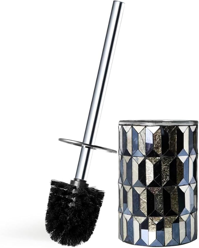 Escenzy Cute Toilet Brush and Holder Set Mosaic Glass | Non-Rustic Stainless Steel | Practical & Decorative Toilet Bowl Brush and Holder | Luxury Black and Gold Bathroom Accessories (Latest)
