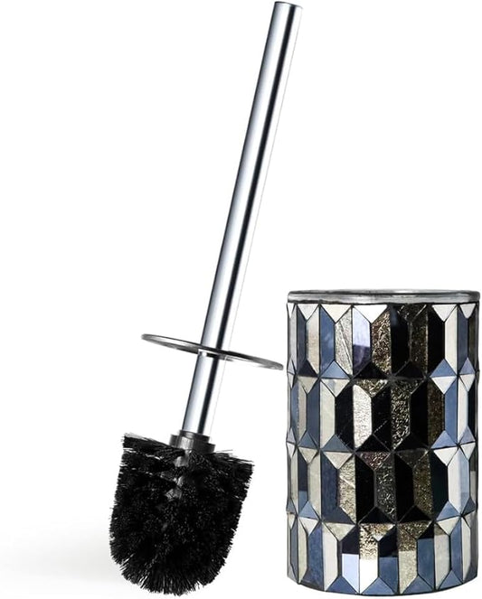 Escenzy Cute Toilet Brush and Holder Set Mosaic Glass | Non-Rustic Stainless Steel | Practical & Decorative Toilet Bowl Brush and Holder | Luxury Black and Gold Bathroom Accessories (Latest)