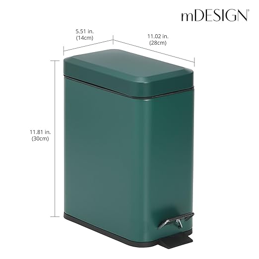mDesign Small Modern 1.3 Gallon Rectangle Metal Lidded Step Trash Can, Compact Garbage Bin with Removable Liner Bucket and Handle for Bathroom, Kitchen, Craft Room, Office, Garage - Hunter Green