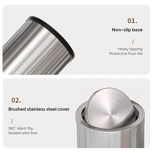 9L/2.4gallon Gold Bathroom Trash Can with Lid, Small Sliver Garbage Can, Single Layer Brushed Stainless Steel Swing Lid Trash Can for Bathroom, Toilet, Bedroom, Office, Living Room (Sliver)