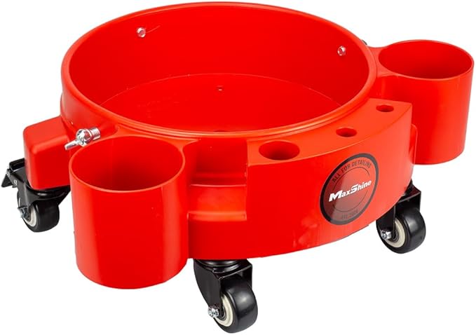 Maxshine 5 Gallon Universal Rolling Bucket Dolly (Red) | Heavy-Duty Detailing Bucket Cart with 5 Wheels & 2 Locking Casters | Mobile Organizer for Compounds, Brushes & Car Wash Supplies