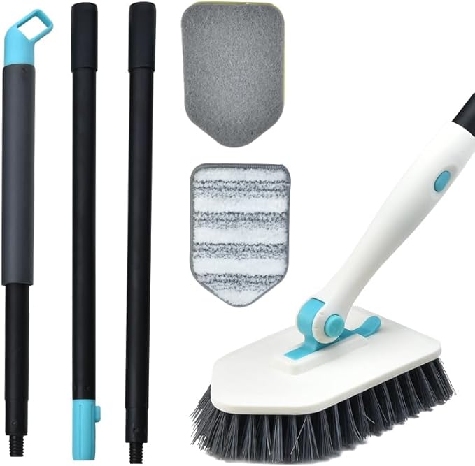 Long Handled Scrub Brush for Shower,3-in-1 Cleaning Brushes with 3 Different Function Cleaning Heads Brush for Shower Cleaning Bathroom Kitchen Walls Tub Tile (White)
