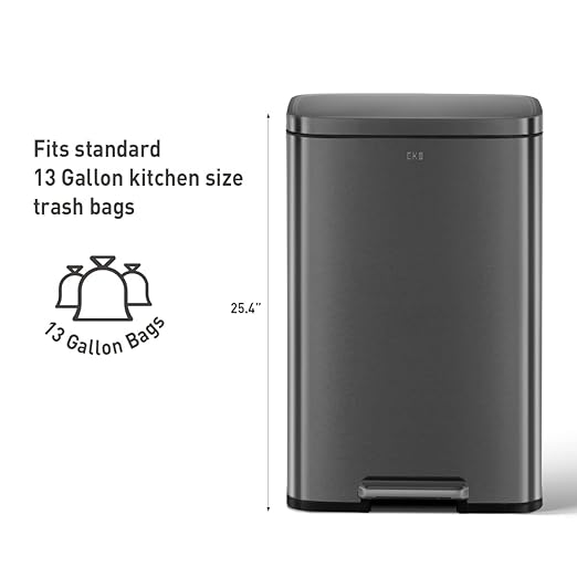 EKO Madison Matte Black 50 Liter/13.2 Gallon Step Trash Can with Inner Liner - Fingerprint Resistant Finish