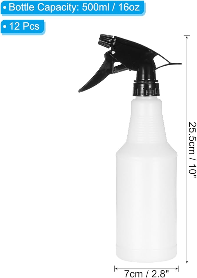 PATIKIL 500ml/16oz Plastic Spray Bottles, 12pcs Adjustable Nozzle Leak Proof Empty Water Mist Stream Sprayer for Cleaning Solutions Plants Hair, Black