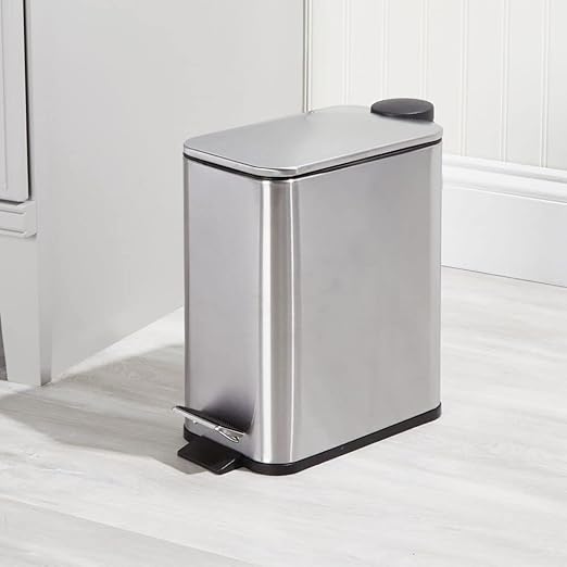 mDesign Slim Metal Rectangle 1.3 Gallon/5 Liter Trash Can with Step Pedal, Easy-Close Lid, Removable Liner - Narrow Wastebasket Garbage Container Bin for Bathroom, Bedroom - Brushed Stainless Steel