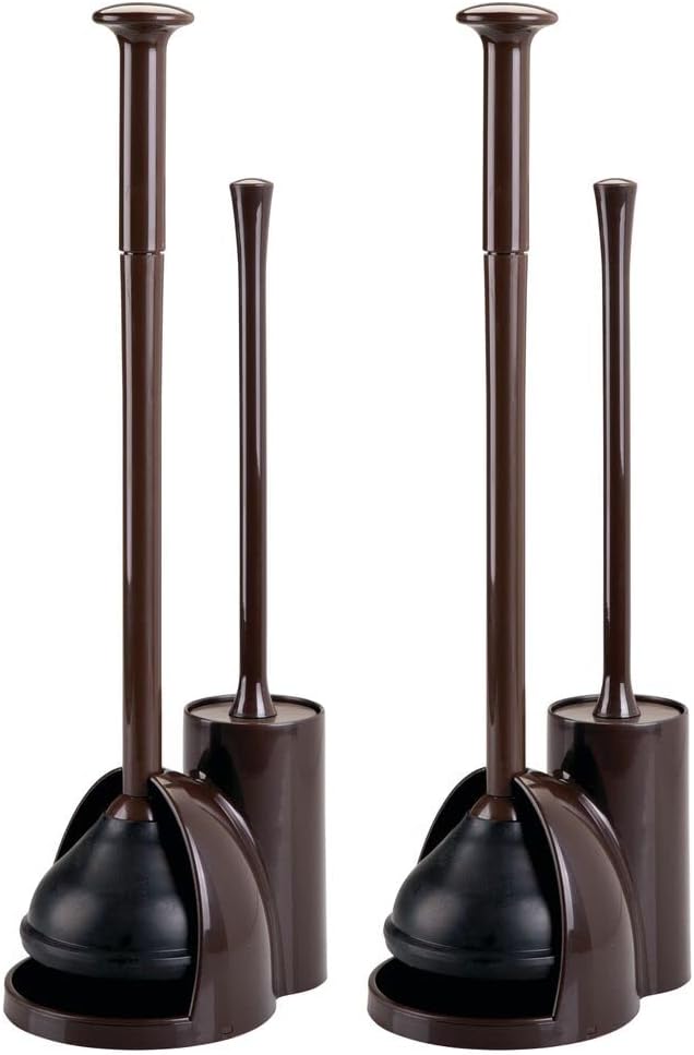 mDesign Hidden Plunger and Brush Set for Toilet Bowl - Brush Cleaner and Plunger Combo with Holder Caddy for Bathroom - Modern Toilet Brush and Plunger Set - Aura Collection - 2 Pack - Dark Brown