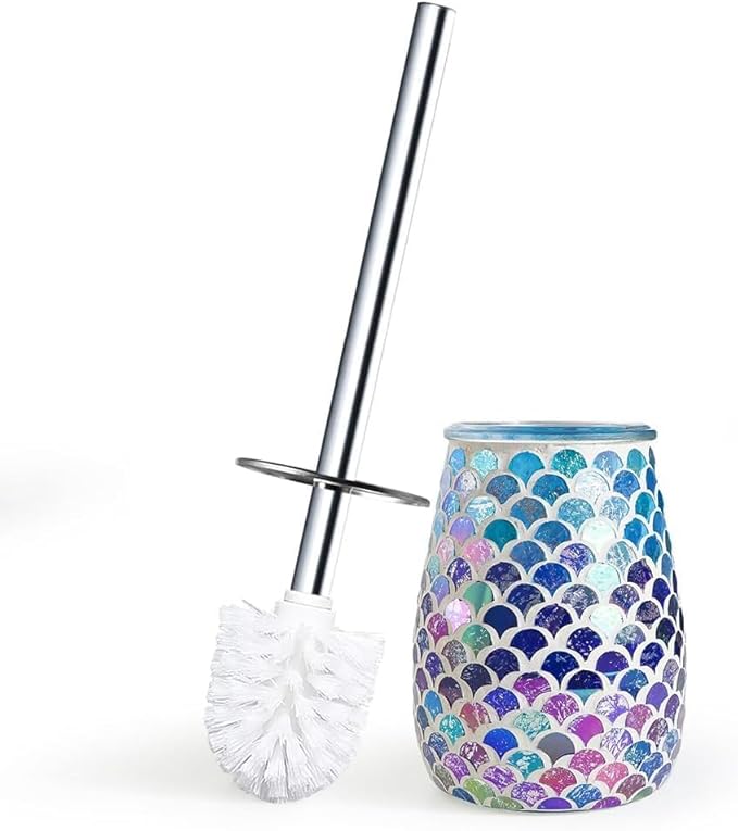 Escenzy Mermaid Bathroom Toilet Brush and Holder Set Mosaic Glass | Non-Rustic Stainless Steel | Practical & Decorative Toilet Bowl Brush and Holder | Luxury Mermaid Bathroom Decor