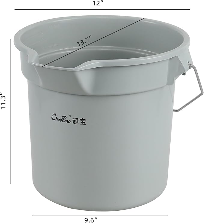 14 Quart Round Utility Bucket with Handle, Round Plastic Bucket for Cleaning, Gray, 6 Packs