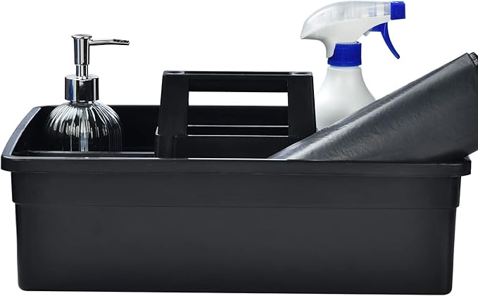 3-Compartment Plastic Cleaning Caddy Basket – Stackable Large Commercial Quality Plastic Tool Organizer Bucket with Handle, Black