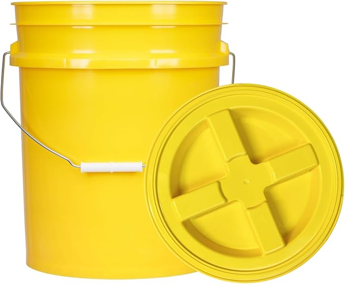 House Naturals 5 Gallon Plastic Yellow Food Grade BPA Free Made in USA Bucket Pail with Air Tight Double Gasket Screw on Lid(Pack of 3) (Yellow and Yellow lids)