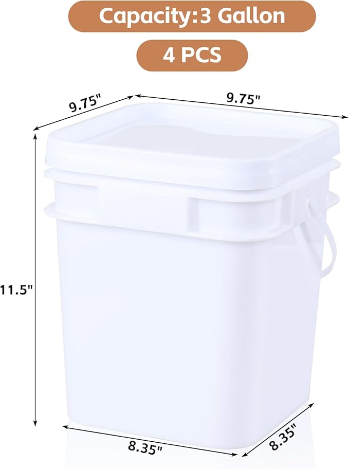 3 gal Food Grade Plastic Bucket Pail Container with Lid/Handle (Pack of 4)