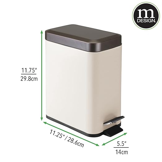 mDesign Small Modern 1.3 Gallon Rectangle Metal Lidded Step Trash Can, Compact Garbage Bin with Removable Liner Bucket and Handle for Bathroom, Kitchen, Craft Room, Office, Garage - Vanilla/Bronze