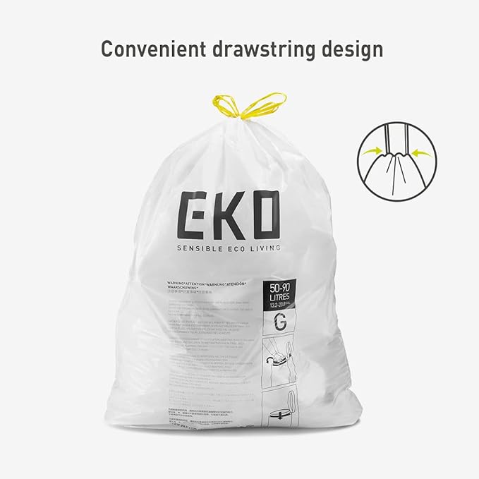 EKO 21 Gallon / 50-90 Liter, 60 Count Drawstring Trash Bags, Extra-Strong Unscented Garbage Bags, Easy-Dispense Roll for Kitchen & Household Use, Code G, White