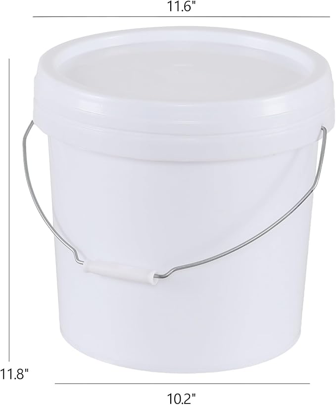 4 Gallon Plastic Food Storage Bucket with Metal Handle, Food Grade Round Pail with Lid, White, 4 Packs