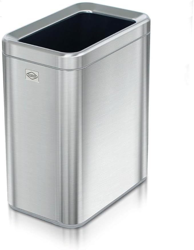 CLOROX Slim Open Trash Can - 2.6 Gallon (10 Liter) Small Metal Waste Basket with Removable Bucket for Narrow Spaces - Stainless Steel Garbage Bin for Bathroom, Bedroom, or Office