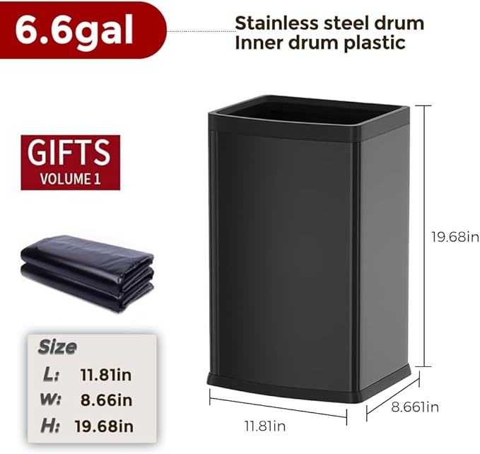 25L/6GALSquare Kitchen Trash can,Black Metal Trash Can for Bathroom,Black Stainless Steel Trash can for Kitchen,Commercial,Detached House (6.6gallon Black)